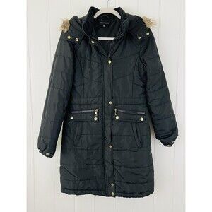 New Look Black Luxe Puffer Parka Coat Faux Fur Hooded Winter Jacket Size Medium